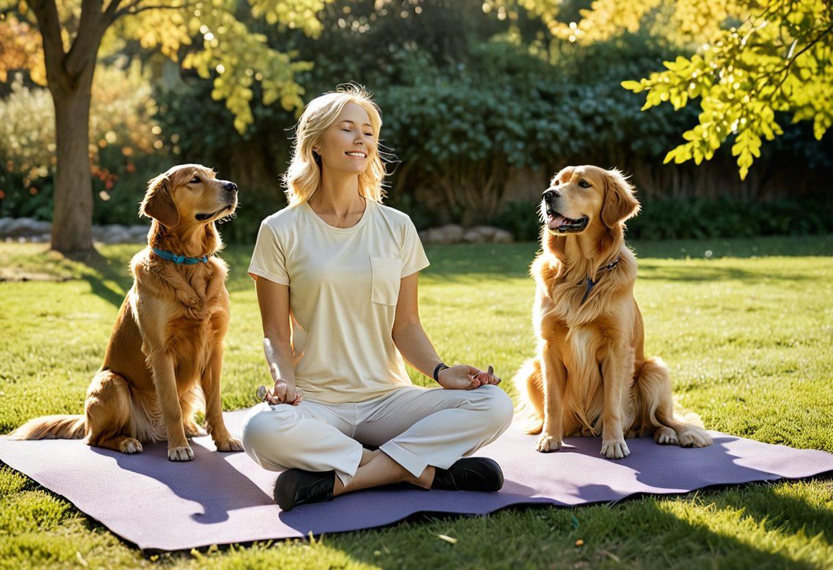 A serene scene featuring a professional dog breed, such as a Golden Retriever, happily engaging in various wellness activities like yoga and meditation with its owner in a sunlit park. Surround them with elements like calming essential oils, healthy dog treats, and vibrant flowers, symbolizing a holistic approach to canine care. Include a gentle sunset in the background to enhance the tranquil atmosphere. super-realistic. vibrant colors. natural setting.