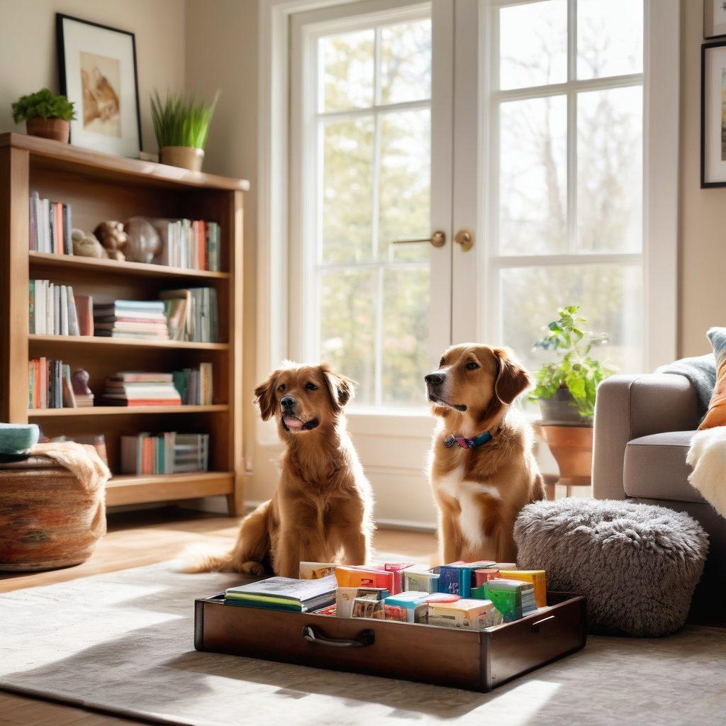 A warm, cozy living room scene featuring a happy dog and owner engaging in playful activities, surrounded by dog care essentials like toys, food, and a comfortable bed. Bright sunlight streaming through a window, casting gentle shadows, emphasizing the bond between them. Include a bookshelf with dog training books in the background. super-realistic. vibrant colors. warm tones.